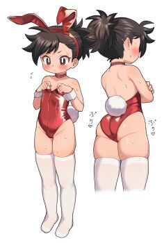 1girl animal_ears ass brown_eyes brown_hair choker dororo_(character) dororo_(tezuka) flat_chest highres kojirou_(mesurf1) leotard loli playboy_bunny rabbit_ears rabbit_tail red_leotard short_hair simple_background tail thighhighs white_background white_thighhighs
