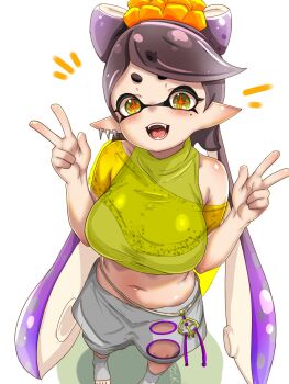 +_+ 1girl artist_name bare_shoulders blush breasts callie_(splatoon) commentary_request cosplay double_v frye_(splatoon) frye_(splatoon)_(cosplay) highres inkling large_breasts long_hair looking_at_viewer mole mole_under_eye multicolored_hair navel nintendo open_mouth pants pointy_ears shiny_skin solo splatoon_(series) splatoon_1 splatoon_3 t2ukmyjm tent two-tone_hair v