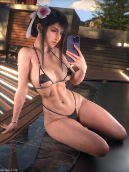 1girl 3d abs absurdres alternate_costume bikini black_bikini black_hair bracelet breasts cellphone checkpik closed_mouth earrings final_fantasy final_fantasy_vii final_fantasy_vii_remake flower hair_bun hair_flower hair_ornament hand_up highres holding holding_phone iphone jewelry medium_breasts navel_piercing on_ground phone piercing red_eyes red_lips selfie single_hair_bun sitting smartphone smile solo stomach swimsuit thighs tifa_lockhart toned toned_female twitter_username yokozuwari