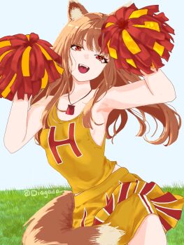 1girl animal_ears breasts brown_hair cheerleader commentary diagada english_commentary grass highres holding holding_pom_poms holo long_hair looking_at_viewer open_mouth pom_pom_(cheerleading) pom_poms red_eyes shirt skirt small_breasts solo spice_and_wolf tail wolf_ears wolf_girl wolf_tail yellow_shirt yellow_skirt