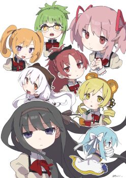 6+girls akemi_homura animal_ear_hairband animal_ears bear_ears black_hair black_ribbon blonde_hair braid buivi character_request cup disposable_cup drill_hair fake_animal_ears frown green_hair hairband hat highres kaname_madoka long_hair mahou_shoujo_madoka_magica mahou_shoujo_madoka_magica:_walpurgis_no_kaiten miki_sayaka momoe_nagisa multiple_girls pink_hair ponytail red_eyes red_ribbon ribbon sakura_kyoko simple_background tomoe_mami twin_drills twintails white_background white_hair