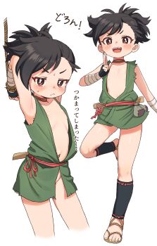 1girl :< absurdres armpits arms_behind_head asymmetrical_bangs bare_shoulders black_hair blush bound bound_wrists closed_mouth commentary cropped_legs dororo_(character) dororo_(tezuka) flat_chest frown funifuchan green_tunic highres kuji-in loli looking_at_viewer navel no_bra no_panties open_mouth red_eyes restrained rope sandals sharp_teeth short_hair simple_background smile standing standing_on_one_leg sweatdrop teeth tomboy translation_request tunic v-shaped_eyebrows white_background