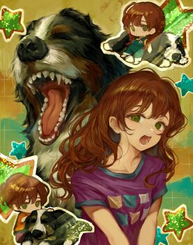 Rule 34 | 1girl, :o, absurdres, bernese mountain dog, chibi, chibi inset, collarbone, dog, freckles, green eyes, highres, long hair, looking at viewer, multiple views, open mouth, orange hair, original, print shirt, purple shirt, sero3eta, shirt, short sleeves, square print, star (symbol), t-shirt