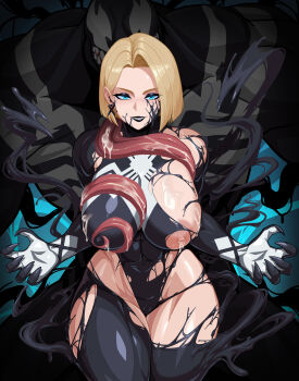 1boy 1girl absurdres black_bodysuit black_eyeshadow black_lips blonde_hair blue_background blue_eyes bodysuit breasts commentary cowboy_shot emma_frost english_commentary eyeshadow f.b.w henshin hetero highres lactation large_breasts long_tongue makeup marvel marvel_rivals nipples parted_lips pussy pussy_juice saliva short_hair smile solo_focus spider-man_(series) tentacles tongue tongue_out transforming_clothes venom_(marvel) very_long_tongue x-men
