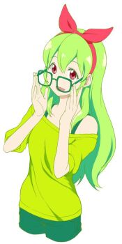 Rule 34 | 1girl, aikatsu!, aikatsu! (series), bra strap, breasts, commentary request, cowboy shot, cropped legs, glasses, green-framed eyewear, green hair, green shirt, green shorts, hairband, hoshimiya ichigo, medium breasts, open mouth, red eyes, red hairband, removing eyewear, shirt, shorts, smile, solo, yozo (stanky)
