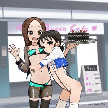 2girls absurdres bikini black_hair blush breasts brown_eyes brown_hair cake commentary_request exhibitionism flat_chest food highres jacket karakai_jouzu_no_takagi-san lander0808 loli long_hair mano-chan menu_board multiple_girls open_mouth outdoors parted_bangs pixiv_username public_indecency race_queen smile standing swimsuit takagi-san thighhighs