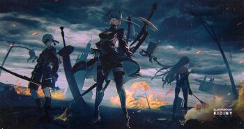 1boy 2b_(nier:automata) 2girls 9s_(nier:automata) a2_(nier:automata) android artist_name ashes ass bare_shoulders black_boots black_dress black_gloves black_hairband black_thighhighs blindfold boots breasts building choker cleavage clothing_cutout cloud cloudy_sky covered_eyes dated dress drone dutch_angle elbow_gloves english_text expressionless facing_away feather-trimmed_sleeves feather_trim fire floating from_below full_body gloves hairband high_heel_boots high_heels highres holding holding_polearm holding_sword holding_weapon joints juliet_sleeves jyunac kneehighs lamppost long_hair long_sleeves looking_back medium_breasts mole mole_under_mouth multiple_girls nier:automata nier_(series) pod_(nier:automata) polearm profile puffy_sleeves robot_joints ruins scenery short_hair shorts sky socks standing sword thigh_boots thighhighs thighhighs_under_boots virtuous_contract weapon white_hair