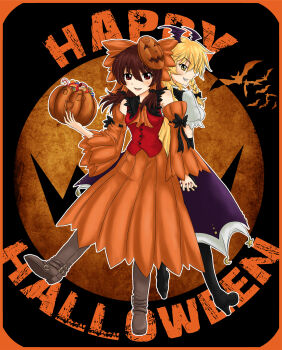 Rule 34 | 2girls, ascot, bat (animal), blonde hair, bow, braid, brown hair, candy, detached sleeves, dress, female focus, food, gloves, hair bow, hair tubes, hakurei reimu, halloween, happy halloween, highres, jack-o'-lantern, japanese clothes, kirisame marisa, long hair, miko, moon, multiple girls, namuro, open mouth, orange dress, pumpkin, red eyes, skirt, smile, touhou, wings, yellow eyes, yukkuri shiteitte ne