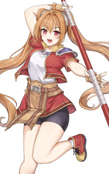 1girl ahoge antenna_hair armor bike_shorts bike_shorts_under_skirt bo_staff brown_gloves brown_hair cropped_jacket double-parted_bangs eiyuu_densetsu estelle_bright fingerless_gloves floating_hair gloves hair_between_eyes hair_intakes highres holding holding_staff holding_weapon long_hair looking_at_viewer open_mouth pauldrons red_eyes short_sleeves shorts shorts_under_skirt shoulder_armor simple_background single_pauldron smile solo sora_no_kiseki staff upper_body very_long_hair weapon white_background yougenko