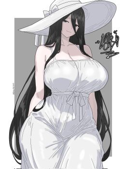 Rule 34 | 1girl, arms behind back, artist name, black eyes, black hair, border, breasts, cleavage, collarbone, commentary, corrupted twitter file, cowboy shot, drawlab33t, dress, grey background, hair between eyes, hair over shoulder, hasshaku-sama, hat, highres, huge breasts, japanese urban legends, long bangs, long hair, looking at viewer, naughty face, outside border, signature, simple background, smile, solo, sun hat, sundress, tall female, thick thighs, thighs, very long hair, white border, white dress, white hat