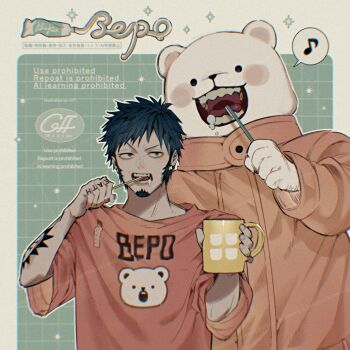 2boys bear_boy bepo_(one_piece) black_hair blush brushing_teeth character_name commentary cup earrings english_commentary facial_hair height_difference holding holding_cup holding_toothbrush jewelry jumpsuit male_focus multiple_boys musical_note one_piece open_mouth orange_jumpsuit orange_shirt shirt short_hair short_sleeves sparkle spoken_musical_note straight-on teeth toothbrush trafalgar_law twitter_username upper_body white_fur yum_xoxo_yum