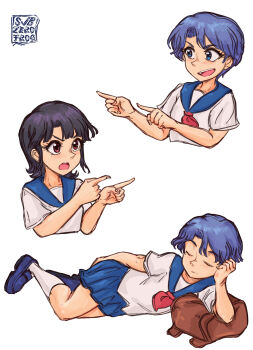 2girls amakazari_eri backpack bag black_hair blue_eyes blue_hair blue_sailor_collar blue_shoes blue_skirt brown_bag city_(arawi_keiichi) closed_eyes closed_mouth cropped_torso hand_on_own_cheek hand_on_own_face highres lying makabe_matsuri multiple_girls neckerchief open_mouth pointing pointing_at_another red_eyes red_neckerchief sailor_collar shoes short_hair simple_background skirt socks subzerofrog teeth upper_teeth_only watermark white_background white_socks