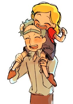 1boy 1girl aged_down beth_smith blonde_hair carrying child closed_eyes father_and_daughter hair_ornament hairclip messy_hair noko6 open_mouth piggyback rick_and_morty rick_sanchez short_hair smile spiked_hair unibrow