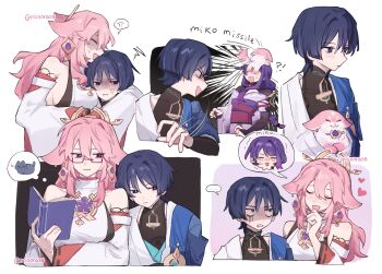 !? 1boy 2girls anger_vein animal animal_ears animal_in_clothes animal_on_face animalization annoyed asymmetrical_sleeves averting_eyes bespectacled black_bodysuit black_bridal_gauntlets black_eyes black_hair black_shrug blue_cape blue_kimono blunt_ends bodysuit book braid breast_press breasts bridal_gauntlets bright_pupils cape cheek_press closed_eyes closed_mouth commentary detached_sleeves earrings empty_eyes english_commentary english_text eyeliner eyeshadow facing_another fang fox_ears genshin_impact glasses gold_earrings gold_trim hair_between_eyes hand_on_own_chin hand_up head_on_another's_shoulder headlock heart highres holding holding_book japanese_clothes jewelry juban kimono kitsune layered_sleeves leaning_on_person light_blush long_hair long_sleeves looking_at_viewer looking_to_the_side low-braided_long_hair low-tied_long_hair makeup mandarin_collar multiple_girls nonons nontraditional_miko obi obiage obijime off_shoulder open_book open_clothes open_kimono person_and_animalization pink_hair pink_kimono pink_sleeves purple_hair purple_sash raiden_shogun red-framed_eyewear red_eyeliner red_eyeshadow red_sash red_sleeves sanpaku sash scaramouche_(genshin_impact) semi-rimless_eyewear shaded_face short_sleeves shoulder_peek shrug_(clothing) sideboob sidelocks single_sidelock single_sode smile spoken_character throwing trembling twitter_username wanderer_(genshin_impact) white_background white_kimono white_pupils white_sleeves wide_sleeves wispy_bangs yae_miko yae_miko_(fox)