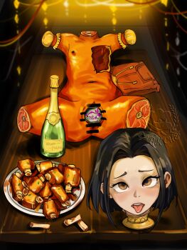 amputee bar_censor black_hair bone bottle cannibalism censored corpse cup dark_chef death decapitation dismemberment drinking_glass guro jackie_chan_adventures jade_chan loli lying object_insertion on_back open_mouth orange_eyes quadruple_amputee severed_arm severed_head severed_leg severed_limb single_breast sliced_meat table tongue tongue_out trophy trophy_head vaginal vaginal_object_insertion watermark wine_bottle wine_glass