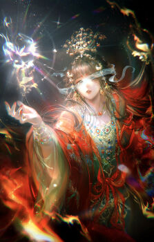 Rule 34 | 1girl, absurdres, black background, black hair, blue ribbon, bracelet, brown eyes, character request, chinese clothes, chinese commentary, commentary request, cowboy shot, dress, expressionless, eyelashes, floating hair, gold bracelet, gold necklace, hand up, highres, jewelry, jingjing de zuo yike shuai xingzi, layered sleeves, light particles, lipstick, long hair, long sleeves, looking at object, makeup, multiple bracelets, nail polish, necklace, nikki (series), object floating above hand, one eye covered, parted lips, realistic, red lips, red nails, red ribbon, red robe, ribbon, robe, shining nikki, solo, sparkle, standing, teeth, very long hair, waist ribbon, wide sleeves, yellow dress