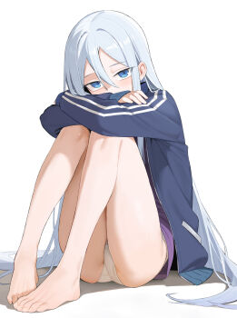1girl absurdres bare_legs barefoot blue_eyes blue_hair blue_jacket blush covered_mouth hair_between_eyes highres jacket knees_to_chest knees_up long_hair long_sleeves looking_at_viewer no_pants open_clothes open_jacket panties project_sekai shenqi_xiaohuang sidelocks simple_background sitting sleeves_past_wrists solo sweat toes track_jacket underwear very_long_hair white_panties yoisaki_kanade