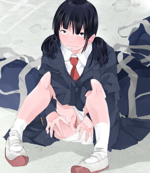 1girl bag black_eyes black_hair black_jacket black_skirt blush censored clothing_aside embarrassed jacket long_hair long_sleeves looking_at_viewer low_twintails necktie original panties panties_aside pussy red_necktie school_uniform shirt shoes shoulder_bag sitting skirt socks spread_legs tongpoo twintails underwear uwabaki white_panties white_shirt white_shoes white_socks