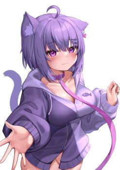 1girl absurdres ahoge animal_collar animal_ears bandaid bandaid_on_leg blush bottomless breasts cat_ears cat_girl cat_tail closed_mouth collar commentary_request deaver ear_piercing groin highres hood hoodie leash long_sleeves looking_at_viewer medium_breasts naked_hoodie nekoyama_(deaver) original piercing purple_collar purple_eyes purple_hair purple_hoodie short_hair simple_background smile solo tail tail_raised upper_body white_background