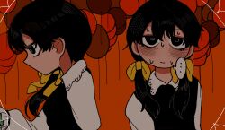 Rule 34 | ..., 1girl, apricot (vocaloid), balloon, black dress, black eyes, black hair, bow, dress, from side, hair bow, highres, long hair, long sleeves, looking at viewer, low twintails, multiple views, orange background, parted lips, profile, romuroku, spoken ellipsis, sweat, twintails, upper body, vocaloid, yellow bow