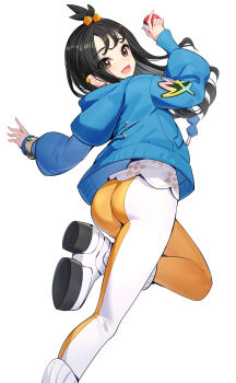 1girl :d ass black_hair blue_jacket bracelet commentary_request ear_piercing grey_eyes highres holding holding_poke_ball hood hooded_jacket jacket jewelry lida_(pokemon) mega_ring nintendo open_mouth piercing poke_ball poke_ball_(basic) pokemon pokemon_legends:_z-a revision ririko_(zhuoyandesailaer) shoes simple_background skin_tight smile solo white_background white_shoes