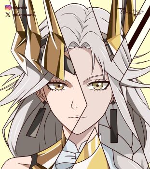 1girl armor blancojon14 bow bowtie braid brown_eyes gold_armor gold_tiara green_eyes grey_hair highres queen_(to_be_hero_x) rectangular_earrings single_braid solo to_be_hero to_be_hero_x