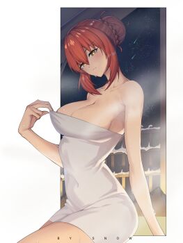 1girl breasts collarbone fate/strange_fake fate_(series) highres hippolyta_(fate) large_breasts looking_at_viewer red_hair short_hair signature solo suhyeon towel yellow_eyes