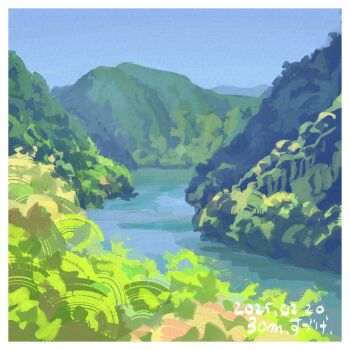 blue_sky border clear_sky commentary_request dated day landscape mountain nature no_humans one-hour_drawing_challenge original outdoors plant river scenery sky suzuke valley white_border