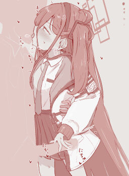 1boy 1girl aris_(blue_archive) blue_archive blush french_kiss halo handjob hetero highres jacket kiss long_hair long_sleeves miniskirt monochrome necktie niss_oekaki nose_blush one_side_up open_clothes open_jacket penis pink_theme pleated_skirt puffy_long_sleeves puffy_sleeves rectangular_halo skirt very_long_hair