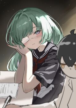 Rule 34 | 1boy, 1girl, absurdres, alternate costume, black sailor collar, black serafuku, black shirt, black skirt, blush, closed mouth, commentary request, eyepatch, fingernails, grey eyes, grey hair, highres, long hair, looking at another, looking to the side, male rover (wuthering waves), neckerchief, own hands together, paper, phrolova (wuthering waves), red neckerchief, rover (wuthering waves), sailor collar, school uniform, serafuku, shirt, skirt, solo focus, turning head, wuthering waves, xiao mu ke