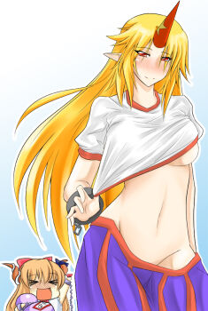 Rule 34 | 2girls, bad id, bad pixiv id, blonde hair, blush, bow, breasts, chain, clothes lift, clothes pull, cuffs, female focus, gourd, hair bow, horns, hoshiguma yuugi, ibuki suika, large breasts, long hair, megatama, midriff, multiple girls, no bra, pointy ears, red eyes, shackles, shirt lift, single horn, skirt, skirt pull, touhou, wide hips