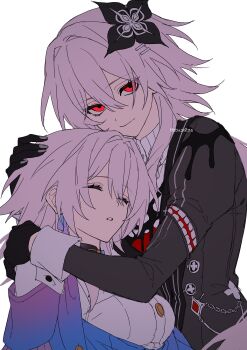 2girls black_dress black_gloves breasts closed_eyes dress dual_persona earrings evernight_(honkai:_star_rail) flower gem gloves grey_nails hair_between_eyes hair_flower hair_ornament hairclip highres honkai:_star_rail honkai_(series) hug jacket jewelry march_7th_(honkai:_star_rail) march_7th_(preservation)_(honkai:_star_rail) multicolored_jacket multiple_girls off-shoulder_jacket off_shoulder parallel_hairclips parted_lips pink_hair red_eyes red_gemstone single_earring smile tofu_(bean359) twitter_username two-tone_jacket upper_body white_background