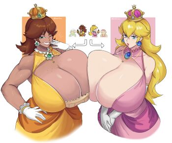 2girls absurdres blonde_hair blue_eyes breast_press breasts brown_hair cleavage crown dark-skinned_female dark_skin earrings elbow_gloves female_focus gigantic_breasts gloves gus_(emmarrgus) hand_on_own_hip highres jewelry lipstick long_hair looking_at_viewer makeup mario_(series) multiple_girls nintendo one_eye_closed princess_daisy princess_peach short_hair skindentation symmetrical_docking