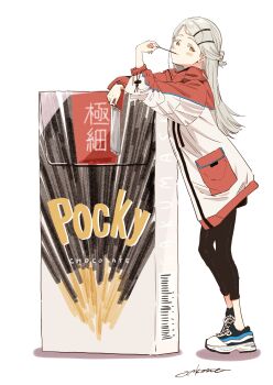 Rule 34 | 1girl, absurdres, akane (getwild23), arm rest, colored eyelashes, commentary request, copyright name, food, food in mouth, from side, full body, gakuen idolmaster, grey hair, hair ornament, hairclip, half updo, highres, idolmaster, jacket, leggings, long hair, long sleeves, orange eyes, pocky, pocky day, shinosawa hiro, shoes, signature, sneakers, solo