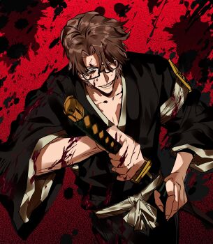 1boy absurdres aizen_sousuke black-framed_eyewear bleach blood blood_on_clothes blood_on_face blood_splatter brown_hair commentary_request curtained_hair glasses haori highres japanese_clothes katana male_focus rectangular_eyewear red_background sheath short_hair solo sword taichou_haori unsheathing weapon xi_luo_an_ya