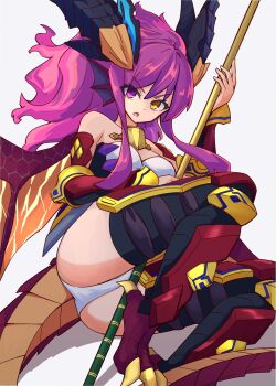 Rule 34 | 1girl, bare shoulders, breasts, dragon girl, dragon horns, dragon tail, dragon wings, fins, head fins, heterochromia, highres, horns, impossible clothes, impossible leotard, kokutei n, large breasts, leotard, long hair, looking at viewer, purple eyes, purple hair, purple wings, puzzle &amp; dragons, sonia (p&amp;d), tail, wings, yellow eyes