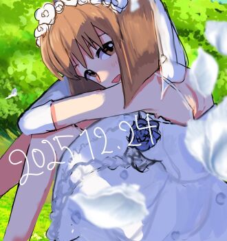 bare_shoulders birthday blunt_ends bob_cut bridal_veil brown_eyes brown_hair dated dress elbow_gloves feet_out_of_frame flower_ornament frilled_dress frills from_side gloves hagiwara_yukiho highres hugging_own_legs idolmaster idolmaster_(classic) kibitakibi light_blush looking_at_viewer petals shoulder_blades sitting smile veil wedding_dress white_dress white_gloves
