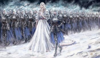 2girls 6+others absurdres armor army azure_meraki blonde_hair blue_eyes character_request closed_mouth cloud cloudy_sky company_captain_yorshka dark_souls_(series) dark_souls_iii dress fromsoftware hand_up highres holding holding_sword holding_weapon long_hair multiple_girls multiple_others pauldrons shoulder_armor sirris_of_the_sunless_realms sky sword tall_female tiara veil waist_cape walking weapon white_dress