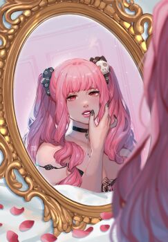 Rule 34 | 1girl, breasts, choker, commentary, hair ornament, highres, hololive, hololive english, jewelry, long hair, looking at mirror, looking at viewer, mirror, mori calliope, open mouth, pink eyes, pink hair, skull hair ornament, solo, tran (traannahh), twintails, untranslatable commentary, upper body, virtual youtuber