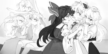 ! !! 6+girls ? alice_margatroid animal_ears apron ascot blush bow braid capelet collared_shirt commentary crt599 cup dress drinking english_commentary fingerless_gloves frilled_bow frilled_hair_tubes frilled_hairband frills gloves greyscale hair_bow hair_tubes hairband hakurei_reimu highres hitodama holding holding_cup holding_hands hug hug_from_behind interlocked_fingers kirisame_marisa kochiya_sanae konpaku_youmu konpaku_youmu_(ghost) lolita_hairband long_hair love_triangle monochrome multiple_girls no_headwear open_mouth rabbit_ears rabbit_girl reisen_udongein_inaba ribbon-trimmed_sleeves ribbon_trim shirt short_sleeves side_braid single_braid sitting skirt sweatdrop touhou vest waist_apron yuri