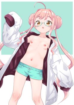 1girl :o ahoge alternate_costume aqua_shorts armpit_crease blush breasts coat collarbone commentary double_bun drawstring glasses green-framed_eyewear hair_bun hand_up hip_bones kantai_collection legs_apart loli long_hair long_sleeves looking_at_viewer makigumo_(kancolle) nassukun navel nipples open_clothes open_coat orange_eyes oversized_clothes paid_reward_available parted_lips pink_hair semi-rimless_eyewear short_shorts shorts sidelocks simple_background sleeves_past_fingers sleeves_past_wrists small_breasts solo standing twintails two-tone_background under-rim_eyewear variant_set very_long_hair white_coat