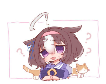 1girl ? @_@ ahoge animal animal_ears beer_hsk blush bow breasts brown_hair cat chibi cropped_torso hair_between_eyes hairband horse_ears large_breasts meisho_doto_(umamusume) multicolored_hair open_mouth own_hands_together pink_hairband puffy_short_sleeves puffy_sleeves purple_bow purple_eyes purple_shirt school_uniform shirt short_sleeves solo sweat tracen_school_uniform two-tone_hair umamusume upper_body white_background white_hair