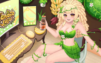 1girl banana blonde_hair bottle breasts computer_keyboard computer_mouse dark_skin food fruit highres holding holding_bottle indie_virtual_youtuber large_breasts leaf_bra leaf_skirt long_hair looking_at_viewer monitor monkey_girl monkey_tail open_mouth plant plant_clothing shi_yui sitting solo tail vines virtual_youtuber