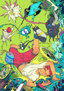 1boy animal arms_up blue_socks cake cake_slice can car clenched_teeth commentary controller disintegration drink_can english_commentary falling flower food frown game_controller gecko green_background highres legs_up machinery male_focus midriff_peek motor_vehicle original paint_splatter plant red_hair red_shorts shirt shoes short_hair shorts socks solo tan teeth television unused_tire white_shirt zngo