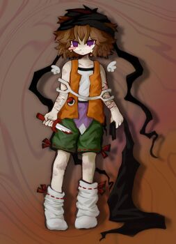 1other androgynous arde_(len&#039;en) blood blood_on_arm bloody_knife blue_eyes blush_stickers bow brown_background brown_hair bruise bruise_on_arm bruise_on_leg closed_mouth crying crying_with_eyes_open detached_wings expressionless eye_brooch gzpxllztt hair_between_eyes highres holding holding_knife injury jacket knees knife kuzu_suzumi len&#039;en multicolored_eyes orange_background orange_jacket other_focus red_bow red_eyes ribbon-trimmed_shorts ribbon_trim self-harm self-harm_scar shirt short_hair shorts single_blush_sticker sleeveless sleeveless_jacket sleeveless_shirt socks solo solo_focus standing tears turban white_socks wings