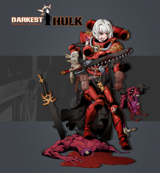 1girl adepta_sororitas ammunition_pouch bob_cut chainsword chaos_(warhammer) darkest_dungeon decapitation demon foot_on_back gloves green_eyes highres pouch purity_seal rmulderz scar scar_on_face sharp_teeth skull solo teeth warhammer_40k white_hair