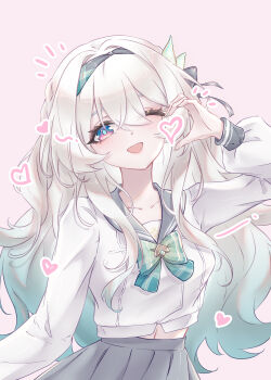 1girl absurdres aqua_bow aqua_bowtie aqua_hair aqua_nails black_hairband blue_pupils bow bowtie commentary_request cowboy_shot fingernails firefly_(honkai:_star_rail) firefly_(spring_missive)_(honkai:_star_rail) gradient_hair grey_hair grey_sailor_collar grey_skirt hairband half-heart_hands hand_up heart highres honkai:_star_rail honkai_(series) long_fingernails long_hair long_sleeves looking_at_viewer multicolored_hair nail_polish official_alternate_costume one_eye_closed open_mouth pink_background plaid_bow plaid_bowtie plaid_clothes pleated_skirt purple_eyes rika_mayuzumi sailor_collar school_uniform serafuku shirt simple_background skirt solo white_shirt