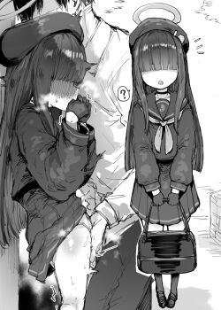 013_(hamsasuke) 1boy 1girl ? bag blue_archive blush choker covered_eyes covering_own_mouth crotch_grab fingering gloves greyscale hair_over_eyes halo hat hetero highres holding holding_bag justice_task_force_member_(blue_archive) loli long_hair long_sleeves monochrome neckerchief open_mouth panties pleated_skirt school_bag sensei_(blue_archive) shirt skirt spoken_question_mark standing trembling underwear