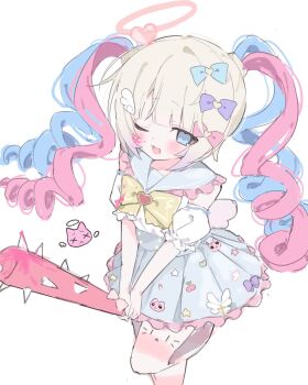 1girl ;d amai_(amqnec) baseball_bat blonde_hair blood blue_bow blue_eyes blue_hair blue_sailor_collar blue_skirt bow chouzetsusaikawa_tenshi-chan chouzetsusaikawa_tenshi-chan_(magical_girl) cute_weapon hair_bow halo heart highres holding holding_baseball_bat long_hair looking_at_viewer multicolored_hair needy_girl_overdose one_eye_closed open_mouth pien_cat_(needy_girl_overdose) pink_blood pink_bow pink_hair pink_thighhighs purple_bow quad_tails sailor_collar shirt skirt smile solo spiked_bat standing standing_on_one_leg striped_clothes striped_thighhighs thighhighs weapon white_background white_shirt x_x
