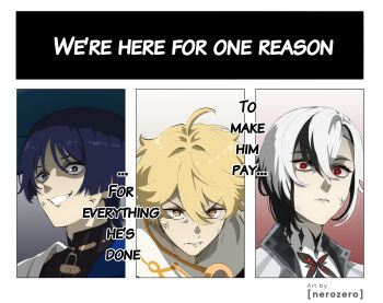 1girl 2boys aether_(genshin_impact) ahoge anger_vein annoyed arlecchino_(genshin_impact) artist_name asymmetrical_bangs black_bodysuit black_eyes black_hair blonde_hair blue_cape blue_hat blunt_ends bodysuit bright_pupils brown_eyes cape closed_mouth coat curtained_hair english_text eyelashes frown genshin_impact glowing glowing_eyes gold gold_trim grey_lips grin hat highres japanese_clothes jingasa kimono lapels looking_at_viewer mandarin_collar multicolored_hair multiple_boys nerozero red_pupils reference_request scaramouche_(genshin_impact) scarf shaded_face shirt short_hair shoulder_peek single_hair_intake smile streaked_hair symbol-shaped_pupils teeth undershirt veins wanderer_(genshin_impact) white_coat white_hair white_kimono white_pupils white_scarf white_shirt wide-eyed x-shaped_pupils